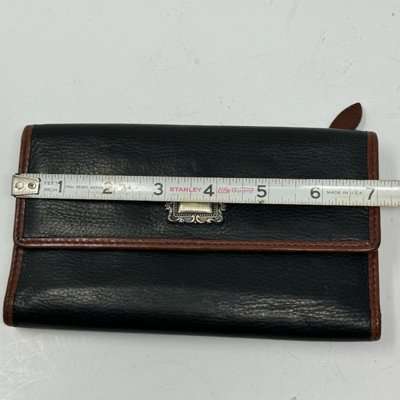 Fossil Black Leather Trifold Wallet Cards Checkbook Brown Trim Vintage - Picture 9 of 10